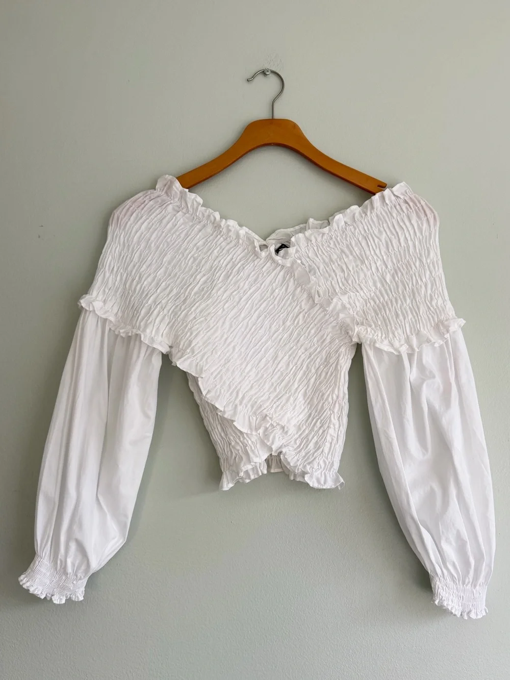 Zara White Smocked Off Shoulder Crop Top